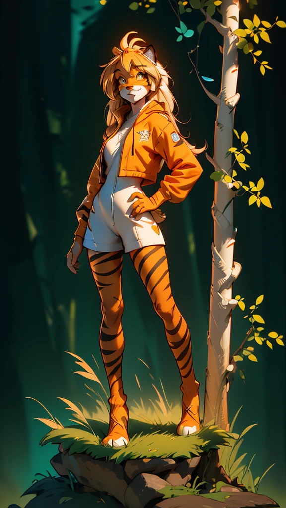 envision a 8k, highres, cinematic, beautiful full body Pinup of a cute sexy furry female anthro, with a slender petite body, (((longblonde hair))), long bangs, yellow eyes, Orange and White Fur, Tiger Stripes, Green Jacket, ((((! Girl)))), ((Flora Twokinds)), in dark lighting, against a dark gray background