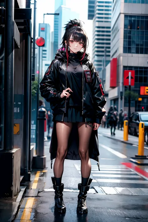 she is taking a photo wearing a black jacket and a black skirt., fluffy ponytail,standing on the sidewalk,wearing boots,wear a j...