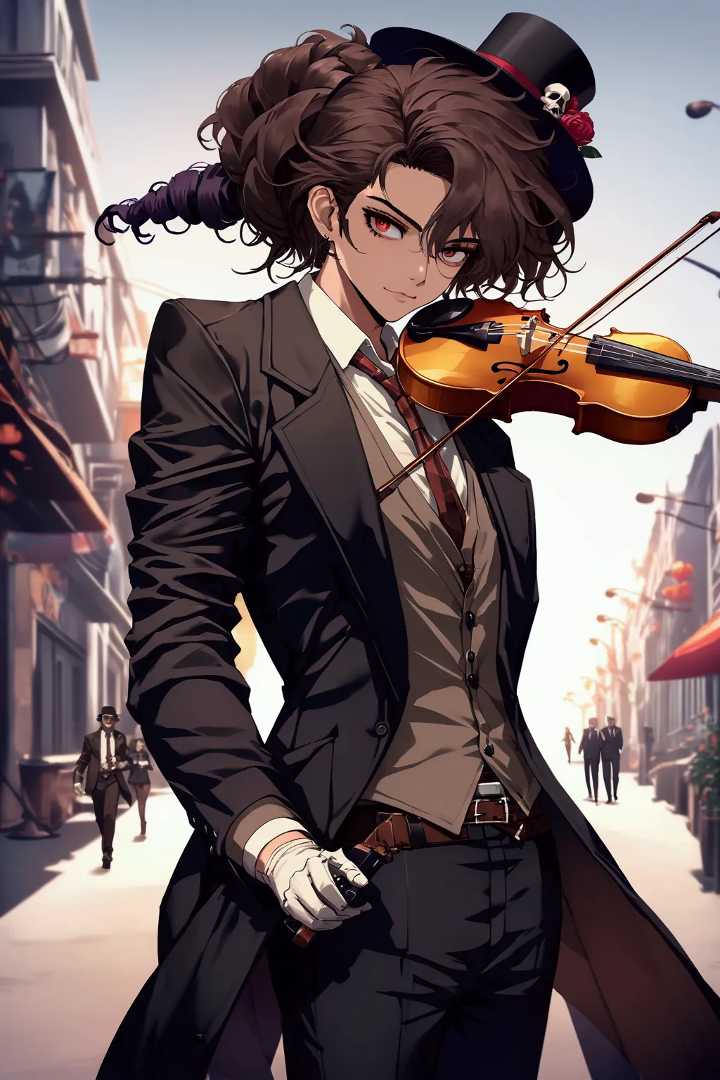 brook is an extremely tall esqueleto dressed in formal attire complete with top hat and cane. has an afro hair. playing a violin...