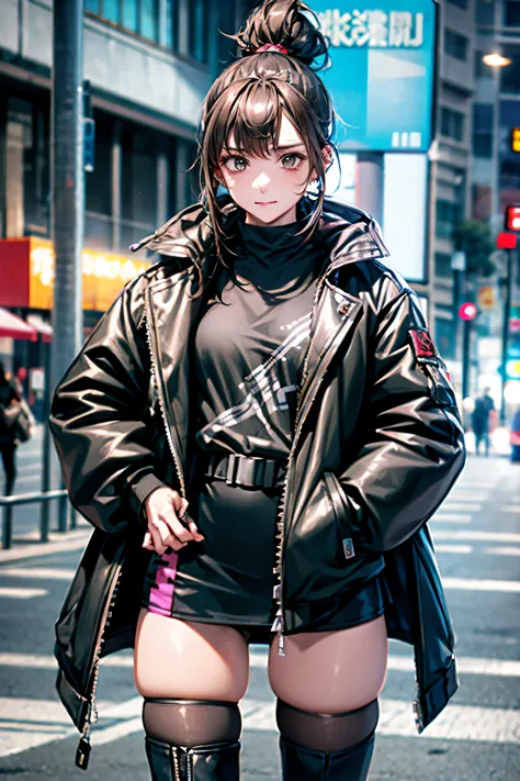 she is taking a photo wearing a black jacket and a black skirt., fluffy ponytail,wearing boots,wear a jacket, cyber future jacke...