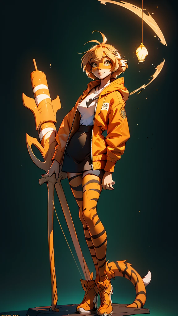 envision a 8k, highres, cinematic, beautiful full body Pinup of a cute sexy furry female anthro, with a slender petite body, (((short blonde hair))), long bangs, yellow eyes, Orange and White Fur, Tiger Stripes, Green Jacket, ((((! Girl)))), ((Flora Twokinds)), in dark lighting, against a dark gray background