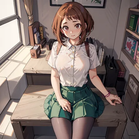 ((uraraka ochako)), ​masterpiece, sitting, office background, minimalist art, detailded, meticulous art, no defects, character f...