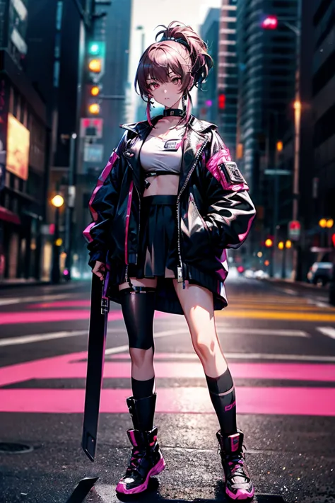 she is taking a photo wearing a black jacket and a black skirt., fluffy ponytail,standing on the sidewalk,wearing boots,wear a j...