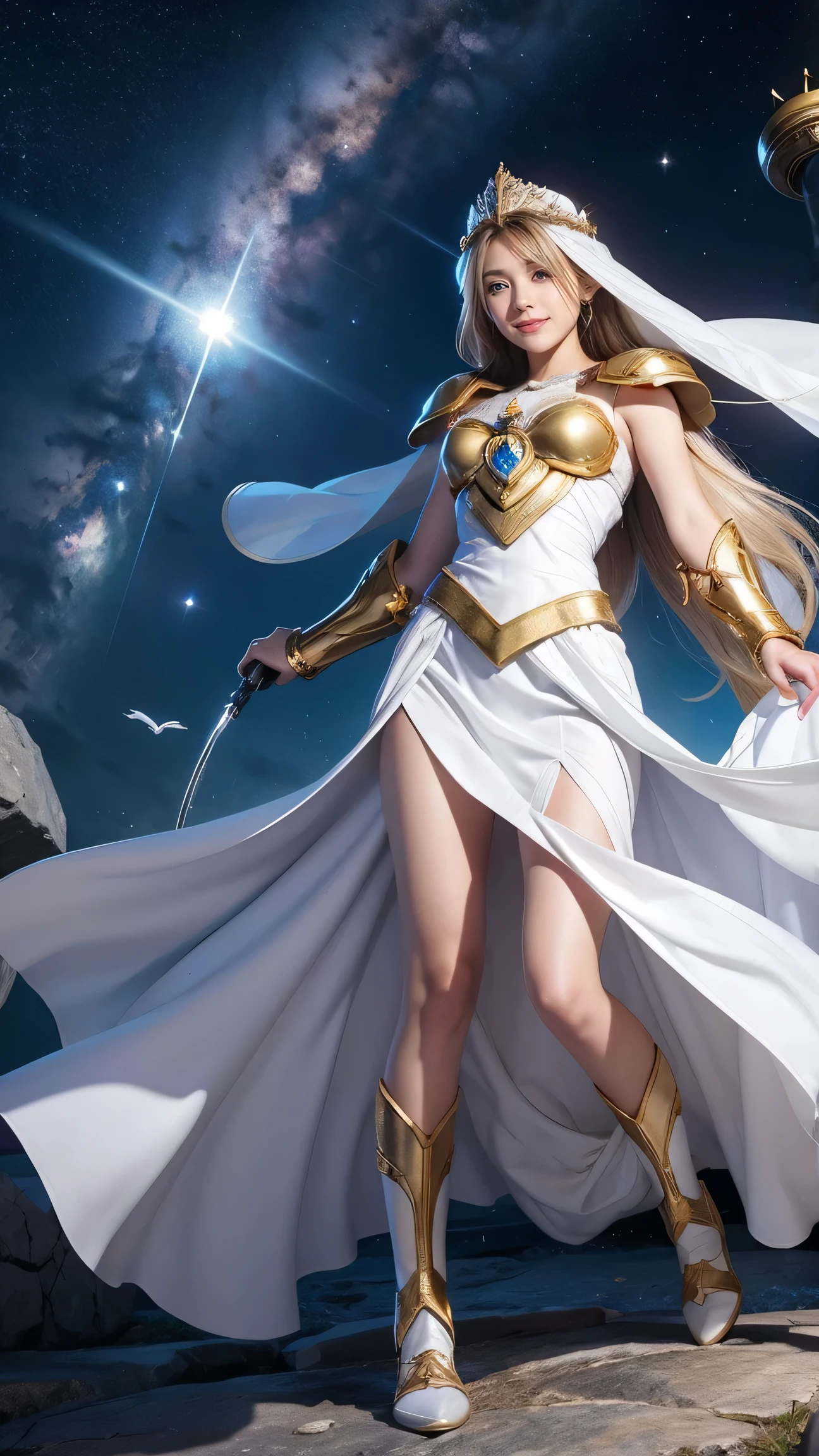 1girl, The Universe, Space Goddess,God's Law, Goddess of Love, Selflessness、Dedication、Sacrifice、prayer、acceptance、Salvation、White Magic, Mystical veil, Goddess in white armor、White armor with gold edges、White Skirt、White Boots、He is holding a shield.、Circlet、Absorbs the laser beam、Emits white energy in all directions、smile