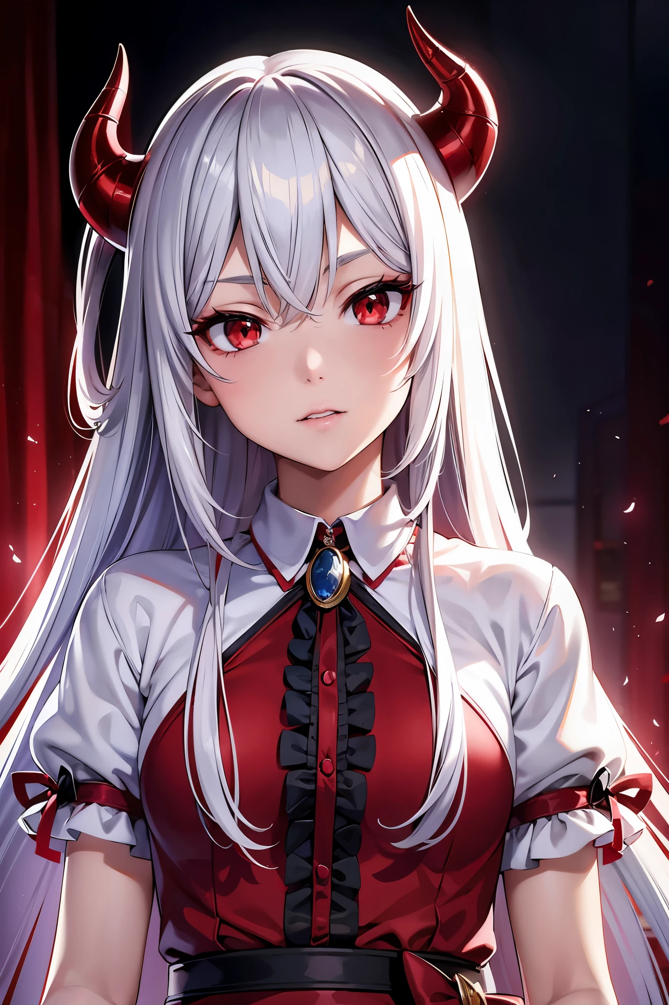 remilia scarlet, girl, red eyes, long hair, demon horns, short sleeve dress, young body, blood on body, high quality, 8k, best quality, 4k, ultra-detailed, realistic, photorealistic, vivid colors, sharp focus, professional, masterpiece, extremely detailed eyes and face, beautiful detailed eyes, beautiful detailed lips, long eyelashes, concept art Chica de anime con cabello largo y blanco, ojos rojos y sudadera negra 