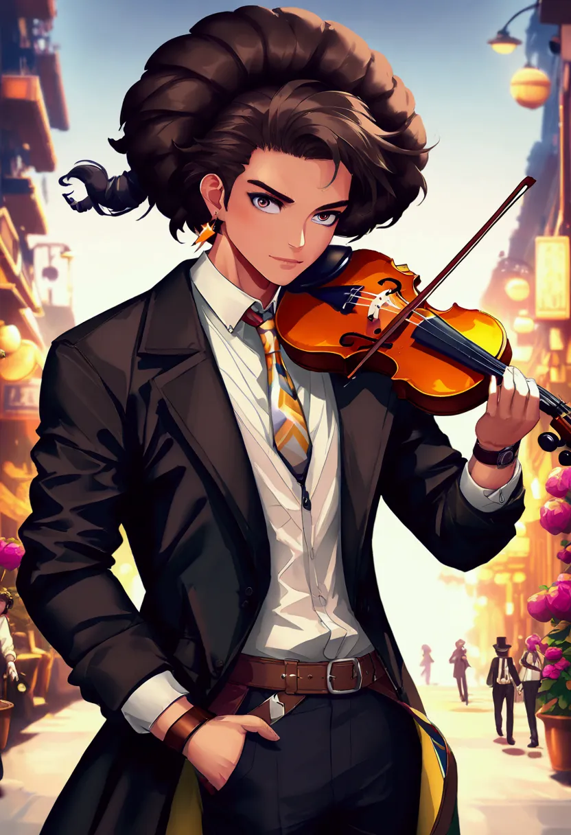 brook is an extremely tall esqueleto dressed in formal attire complete with top hat and cane. has an afro hair. playing a violin...