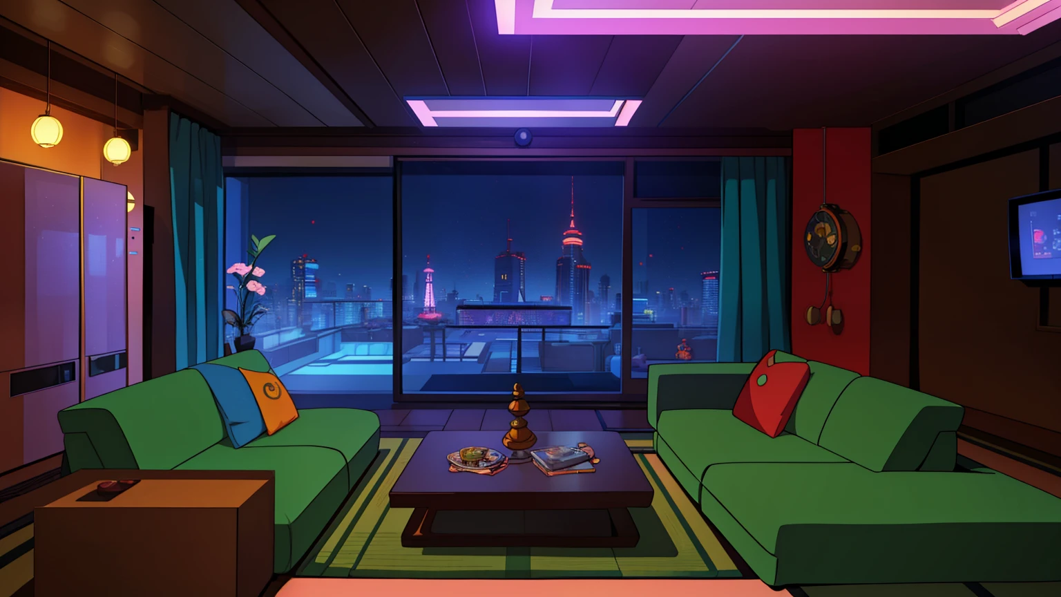 Our hero's apartment is a multifunctional space, designed in a cartoon style inspired by early Disney, with a futuristic, Japanese cyberpunk twist. The main room, serving as living room, kitchen and bedroom, is adorned with Japanese motifs and lit by colorful neon lights.
The softly shaped sofa converts into a bed, while a glass coffee table doubles as a dining table. The compact kitchen is equipped with futuristic appliances, such as a smart refrigerator. A small desk with a holographic screen lets you explore various spiritual traditions.
Souvenirs from his past as a former soldier, such as medals, are on display, and houseplants add a touch of greenery. The whole space evokes a magical, dynamic atmosphere, where our hero's past and curiosity meet.

