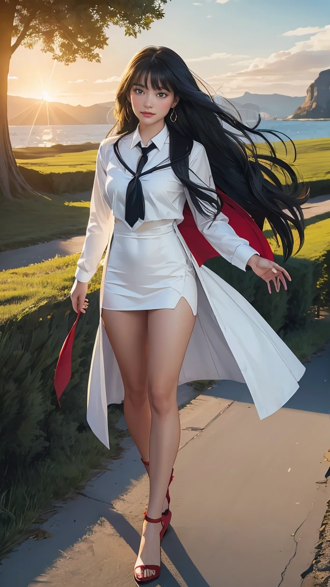 ((Masterpiece, best quality, very detailed), Volumetric light, surrounding occlusion, Rich and colorful, glow), 1 woman, , young girl, (Smooth black), long hair, radius, sacred, goddess, CEO Luke, (black suit, White shirt and red tie:1.3), long black coat, ((a green wind orb on hand)), outdoor, sunset, sky, cloud, (Fantasy Theme:1.2), (full body:0.8)