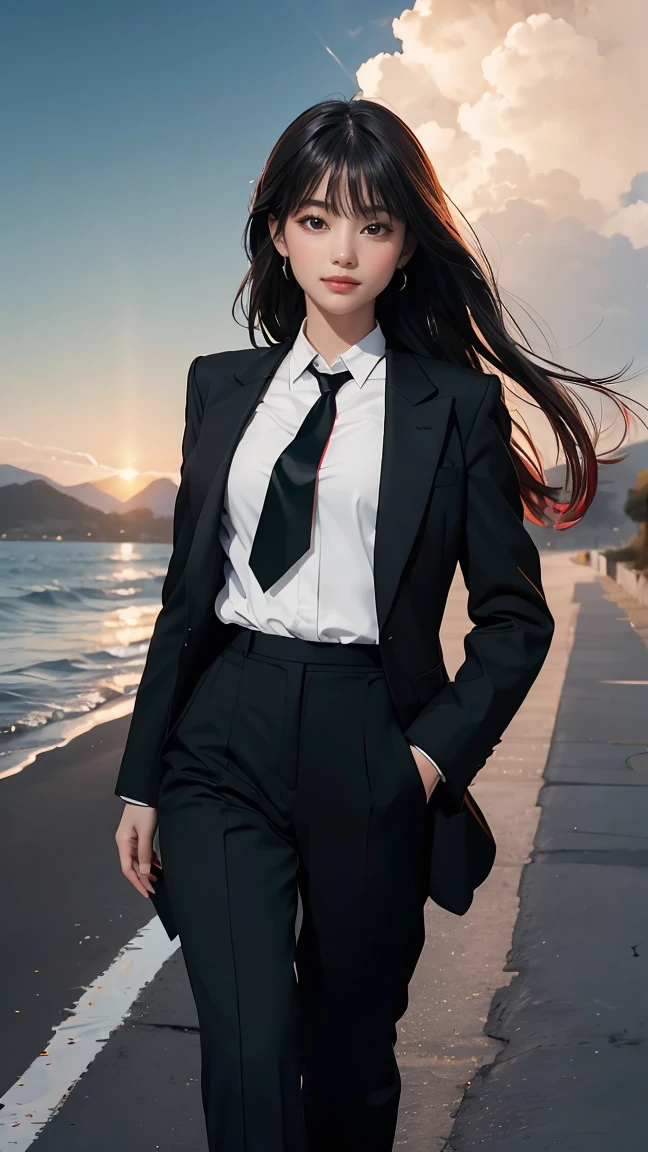 ((Masterpiece, best quality, very detailed), Volumetric light, surrounding occlusion, Rich and colorful, glow), 1 woman, , young girl, (Smooth black), long hair, radius, sacred, goddess, CEO Luke, (black suit, White shirt and red tie:1.3), long black coat, ((a green wind orb on hand)), outdoor, sunset, sky, cloud, (Fantasy Theme:1.2), (full body:0.8)