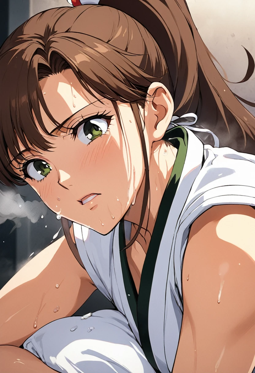 masterpiece, Highest quality, High resolution, (Makoto Kino),1990s \(style\),height: 175cm, Brown long hair,ponytail、 sexyな長い脚, Karate, Martial arts field,(E-cup beautiful breasts)、Sweating all over the body、vapor、Muscular、sexy、Face writhing in pleasure、Sweaty、Configuration from the front、Serious expression、look up,Semen splattered on face、Anime-style painting style,Composition focused on the upper body