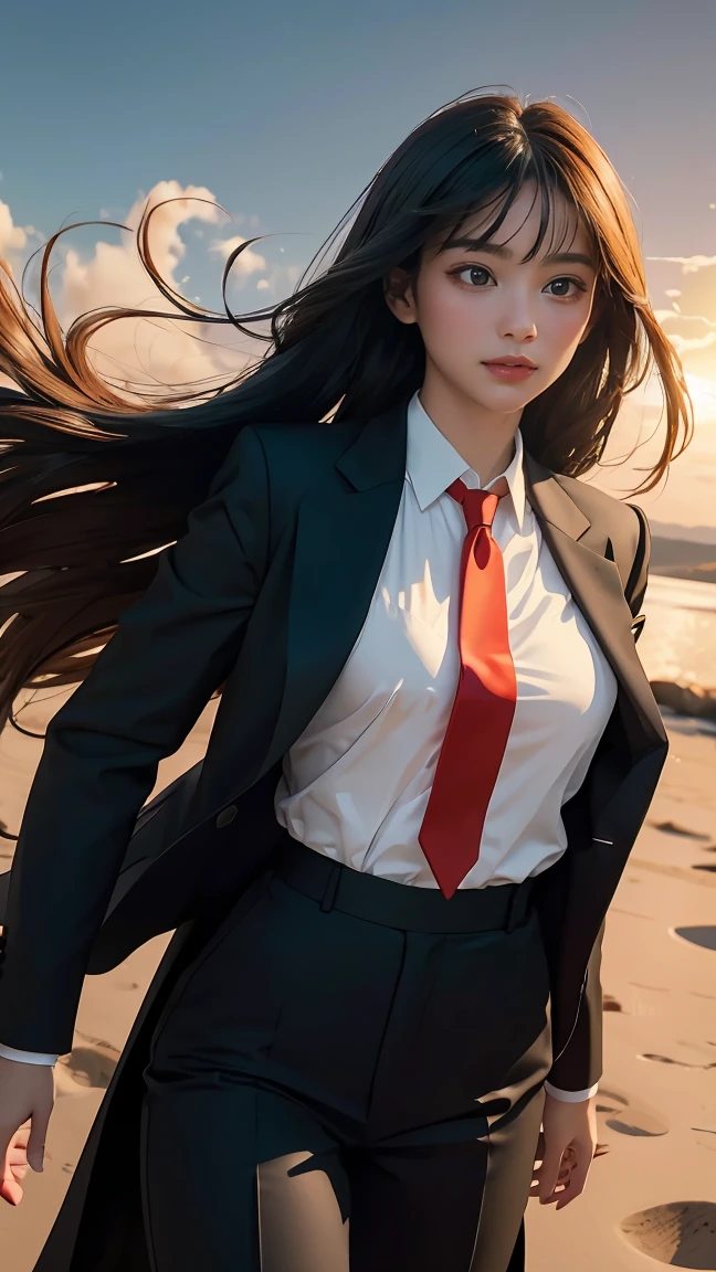 ((Masterpiece, best quality, very detailed), Volumetric light, surrounding occlusion, Rich and colorful, glow), 1 woman, , young girl, (Smooth black), long hair, radius, sacred, goddess, CEO Luke, (black suit, White shirt and red tie:1.3), long black coat, ((a green wind orb on hand)), outdoor, sunset, sky, cloud, (Fantasy Theme:1.2), (full body:0.8)