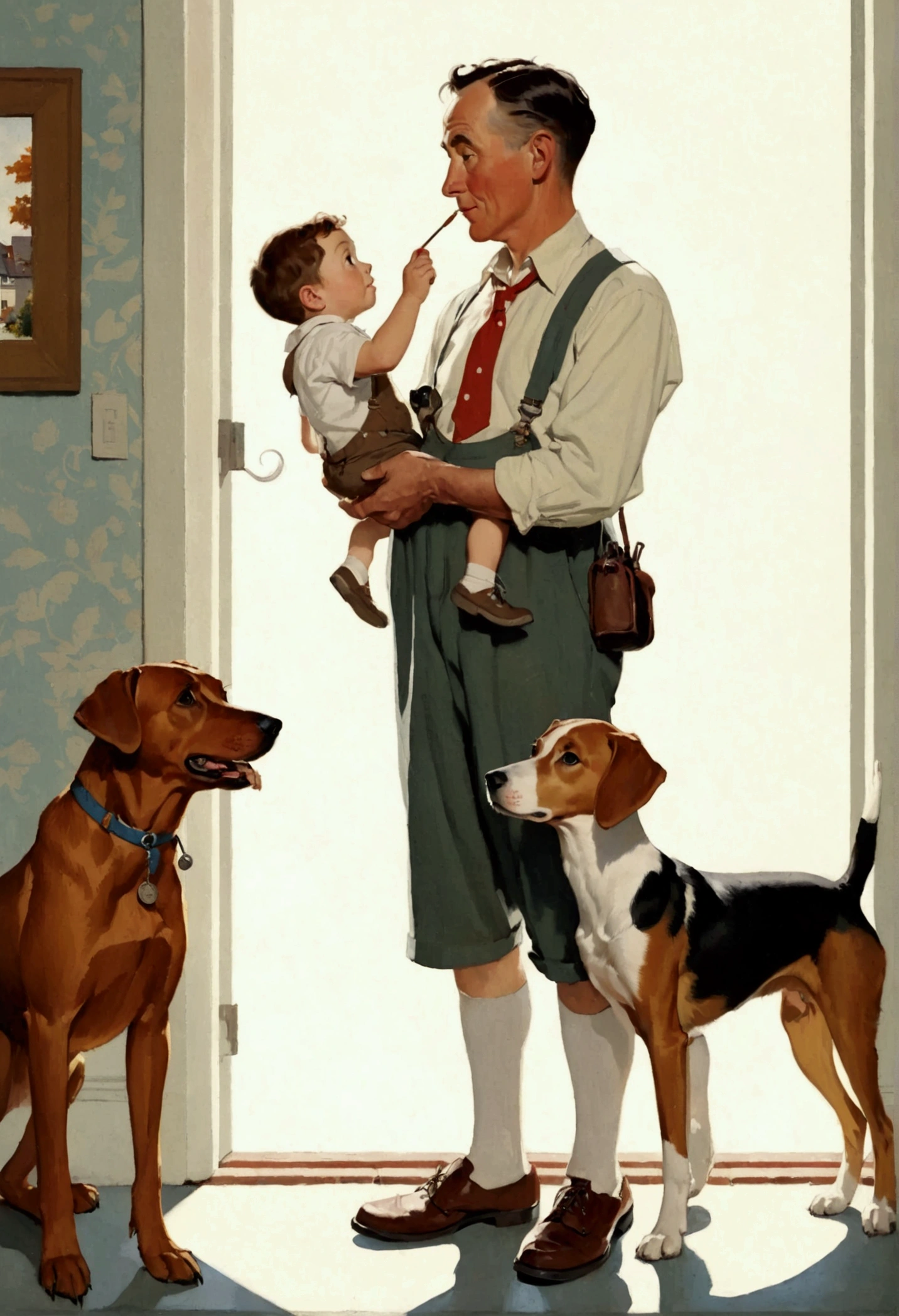 there is a painting there，A man in painting clothes、A boy and a dog, Grandfather, Norman Rockwell style, author：Gavin Hamilton (Gavin Hamilton), Lovely artwork, author Pedro Pedraja, Kubis Art, author Nadir Afonso, author：Gavin Hamilton, author：Clement Sevo, Official illustrations, Cute illustrations, Norman Rockwell style