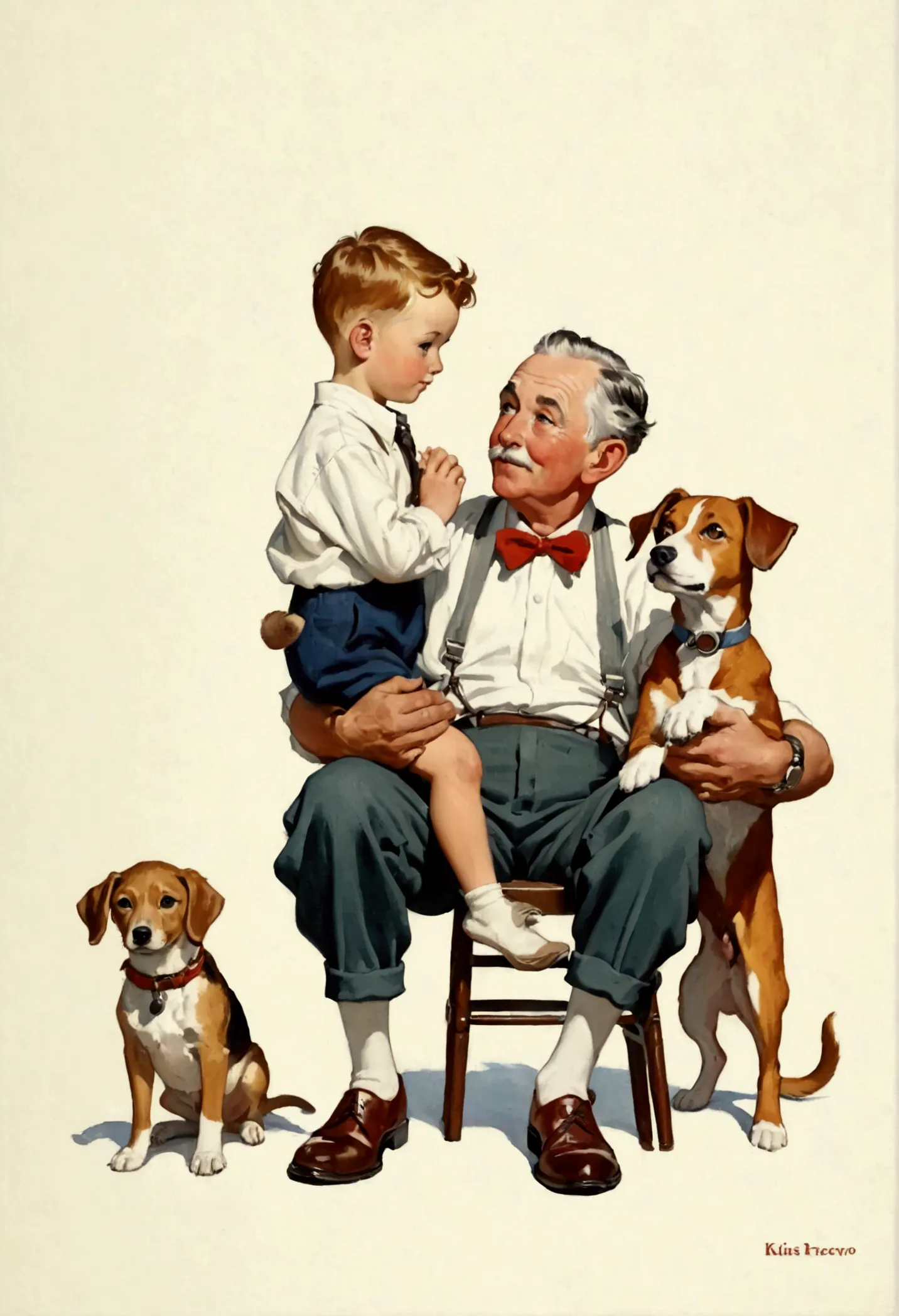 there is a painting there，a man in painting clothes、a boy and a dog, grandfather, norman rockwell style, author：gavin hamilton (...