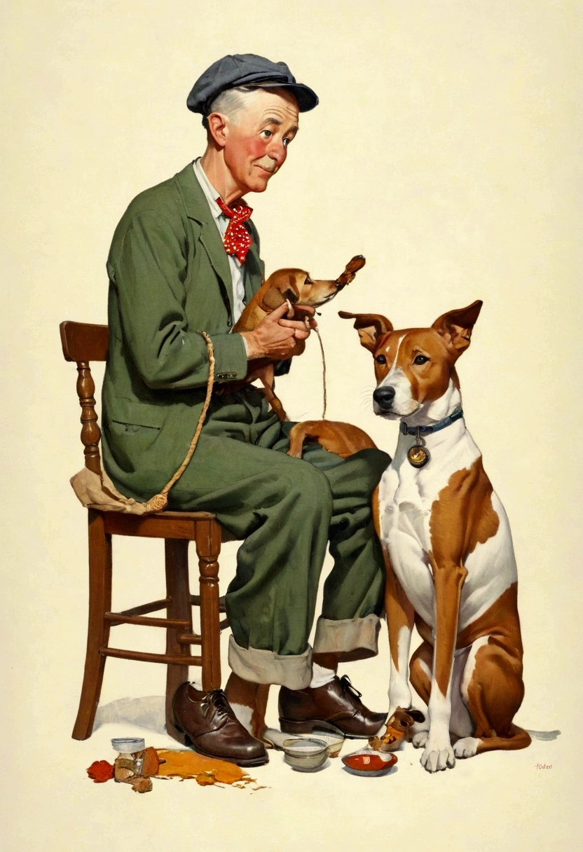 there is a painting there，A man in painting clothes、A boy and a dog, Grandfather, Norman Rockwell style, author：Gavin Hamilton (Gavin Hamilton), Lovely artwork, author Pedro Pedraja, Kubis Art, author Nadir Afonso, author：Gavin Hamilton, author：Clement Sevo, Official illustrations, Cute illustrations, Norman Rockwell style