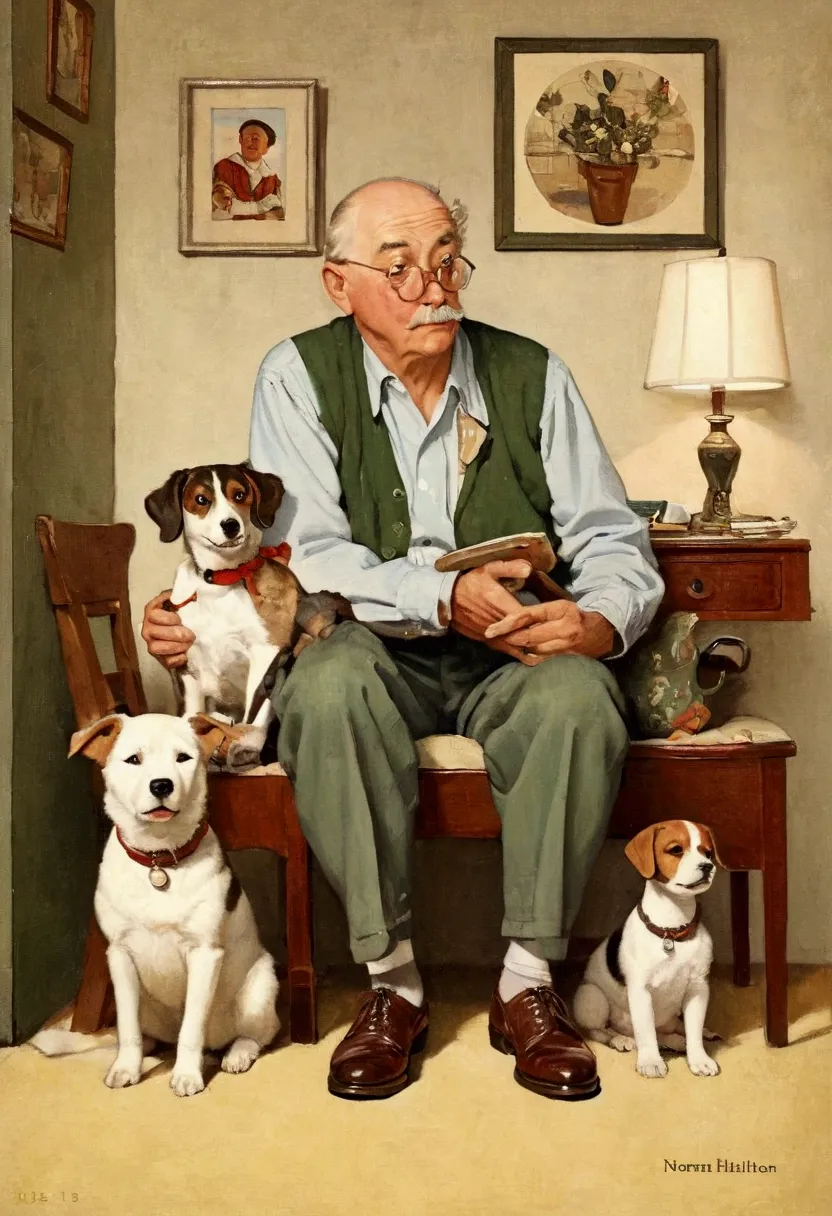 there is a painting there，a man in painting clothes、a boy and a dog, grandfather, norman rockwell style, author：gavin hamilton (...