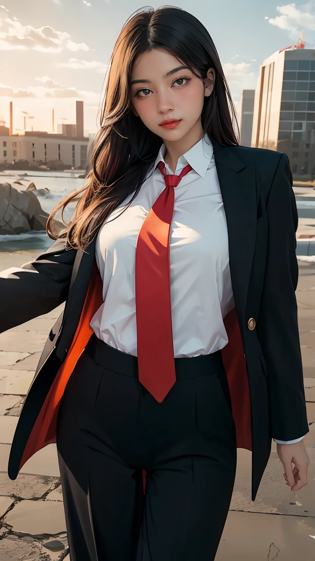 ((Masterpiece, best quality, very detailed), Volumetric light, surrounding occlusion, Rich and colorful, glow), 1 woman, , young girl, (Smooth black), long hair, radius, sacred, goddess, CEO Luke, (black suit, White shirt and red tie:1.3), long black coat, ((a green wind orb on hand)), outdoor, sunset, sky, cloud, (Fantasy Theme:1.2), (full body:0.8)