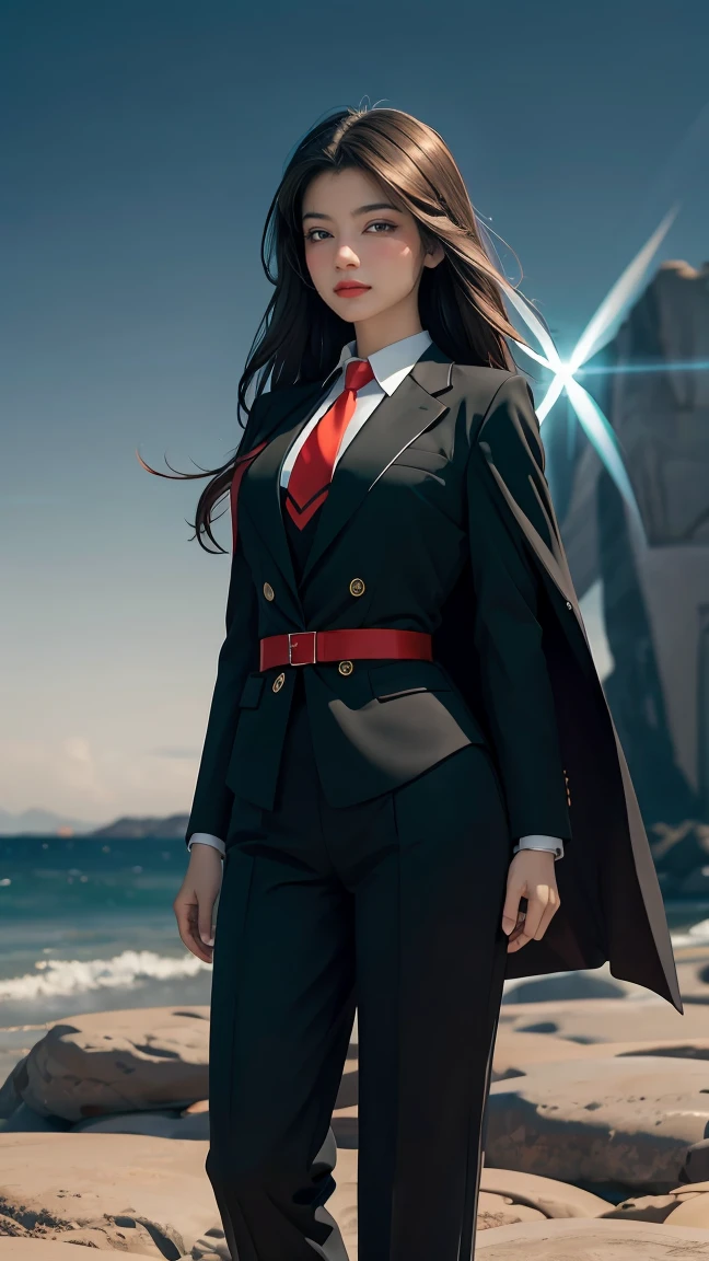 ((Masterpiece, best quality, very detailed), Volumetric light, surrounding occlusion, Rich and colorful, glow), 1 woman, , young girl, (Smooth black), long hair, radius, sacred, goddess, CEO Luke, (black suit, White shirt and red tie:1.3), long black coat, ((a green wind orb on hand)), outdoor, sunset, sky, cloud, (Fantasy Theme:1.2), (full body:0.8)