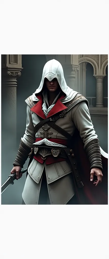 Ezio Auditore da Firenze emerging from a thick fog, IN FRONT OF THE CAMERA:1.4, Un Very detailed, Cinematic illustration of an assassin from the Assassin&#39;s Creed universe:1.4, He wears a striking white hooded cloak and a hidden blade, Facing a temperamental, atmospheric background, dramatic lighting, intricate and ornate architecture, photorealistic, Digital art, conceptual art stylequality\(8k,extremely detailed CG unit wallpaper, masterpiece,High resolution,top-quality,top-quality real texture skin,hyperrealistic,increase resolution,RAW Photos,The best quality,Very detailed,The wallpaper, cinematic lighting,ray trace,golden ratio\), BREAK