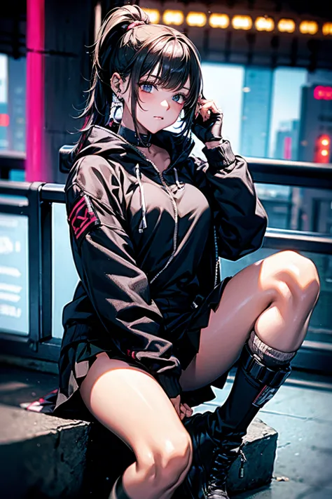 she is taking a photo wearing a black jacket and a black skirt., fluffy ponytail,wearing boots,wear a jacket, cyber future jacke...