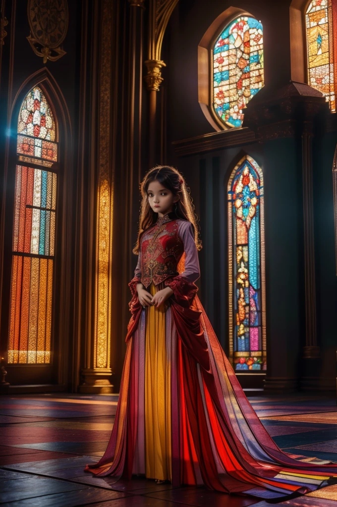 (masterpiece, top quality, Best Quality, official art, beautiful and aesthetic:1.2), 1 girl, age 13, russian, young, full body, stained glass art, colored glass, lead lines, light transmission BREAK vibrant colors, intricate designs, Lighting effects, spiritual environment, sheer dress, skirtliftfront