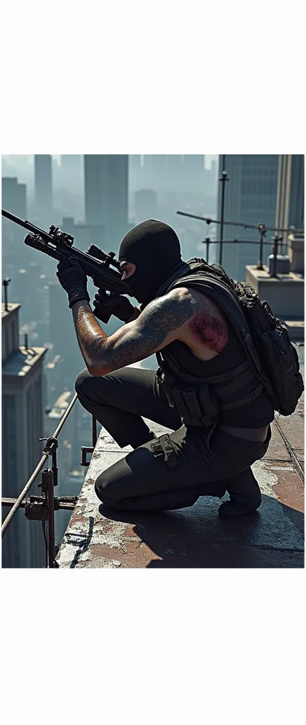 mercenary assassin, grazed on the roof of a building, aiming his sniper rifle 