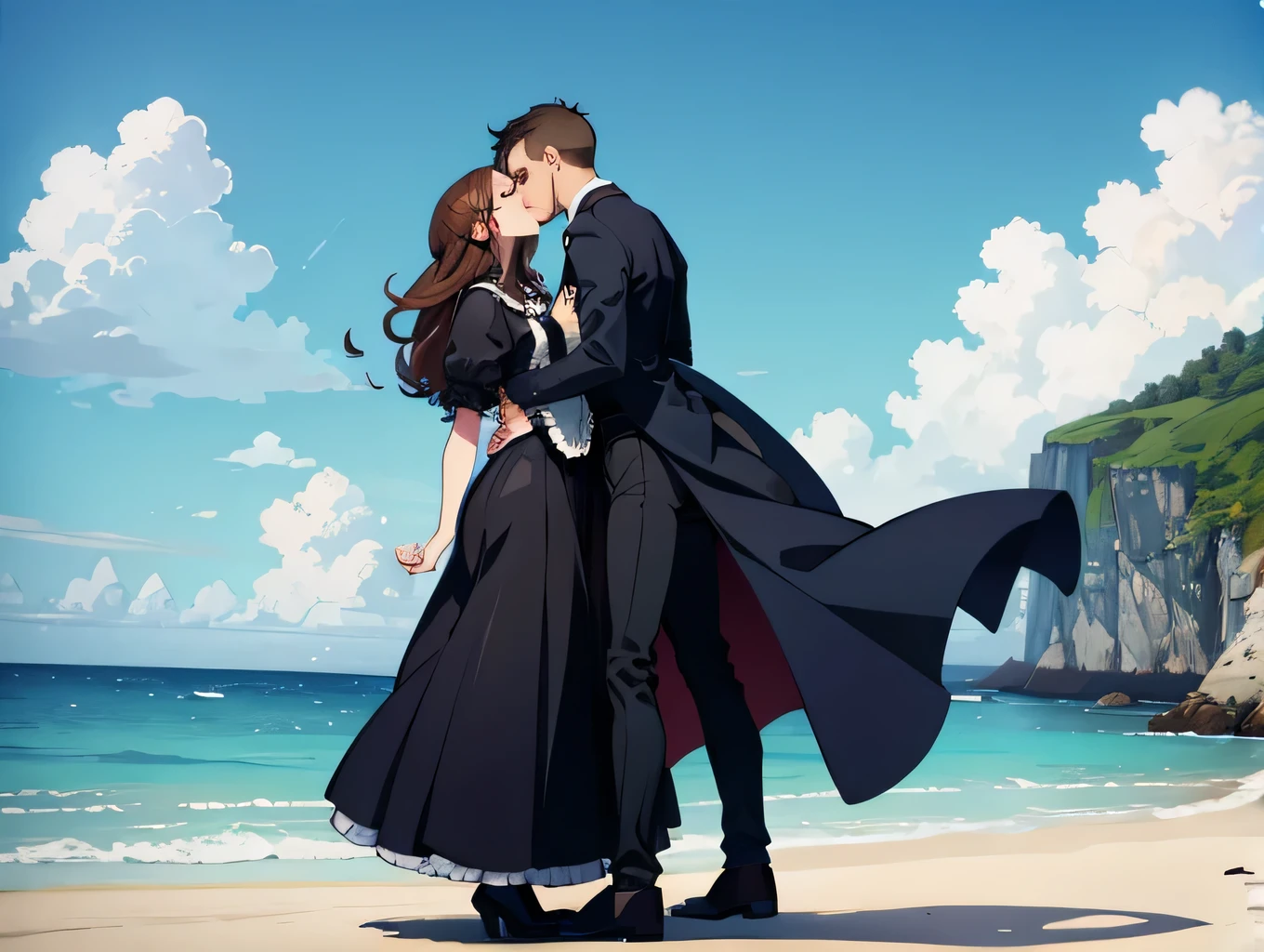 Victorian couple, kissing, beach, full body