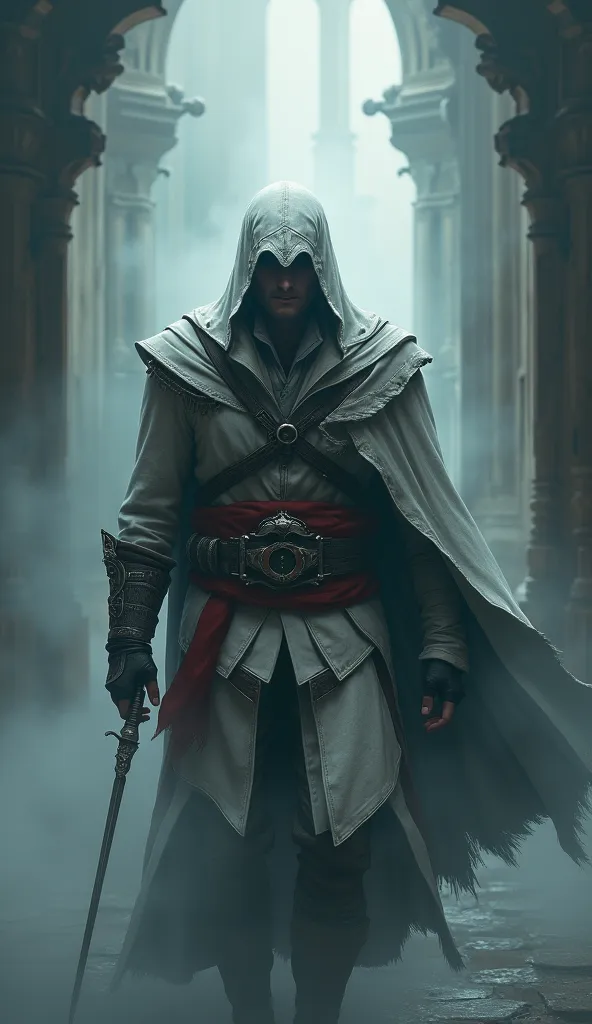 Ezio Auditore da Firenze emerging from a thick fog, IN FRONT OF THE CAMERA:1.4, Un Very detailed, Cinematic illustration of an assassin from the Assassin&#39;s Creed universe:1.4, He wears a striking white hooded cloak and a hidden blade, Facing a temperamental, atmospheric background, dramatic lighting, intricate and ornate architecture, photorealistic, Digital art, conceptual art stylequality\(8k,extremely detailed CG unit wallpaper, masterpiece,High resolution,top-quality,top-quality real texture skin,hyperrealistic,increase resolution,RAW Photos,The best quality,Very detailed,The wallpaper, cinematic lighting,ray trace,golden ratio\), BREAK