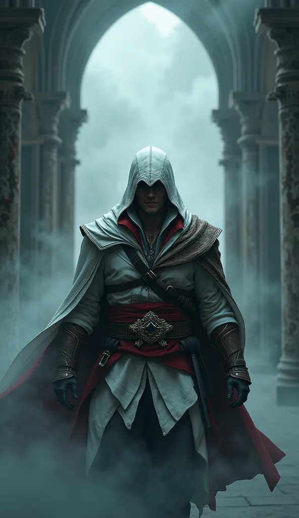 Ezio Auditore da Firenze emerging from a thick fog, IN FRONT OF THE CAMERA:1.4, Un Very detailed, Cinematic illustration of an assassin from the Assassin&#39;s Creed universe:1.4, He wears a striking white hooded cloak and a hidden blade, Facing a temperamental, atmospheric background, dramatic lighting, intricate and ornate architecture, photorealistic, Digital art, conceptual art stylequality\(8k,extremely detailed CG unit wallpaper, masterpiece,High resolution,top-quality,top-quality real texture skin,hyperrealistic,increase resolution,RAW Photos,The best quality,Very detailed,The wallpaper, cinematic lighting,ray trace,golden ratio\), BREAK