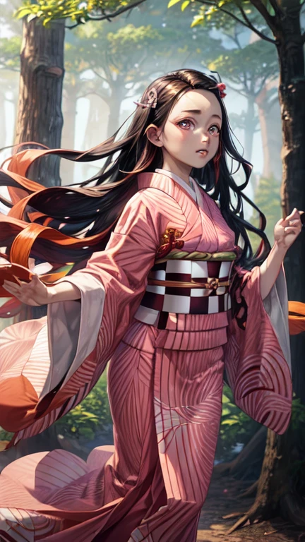 (((work of art))), nezuko, 1 girl, bamboo, bit gag, chestnut hair, checkered belt, gag, gagged, gradient hair, hair cinta, Haori, Japanese clothing,  kimono, long hair, looking ahead at viewer, multicolored hair, hair orange, pink eyes, pink kimono, pink cinta, cinta, standing alone, trunk,  breastsout, blushful, Masterpiece artwork, best qualityer, 