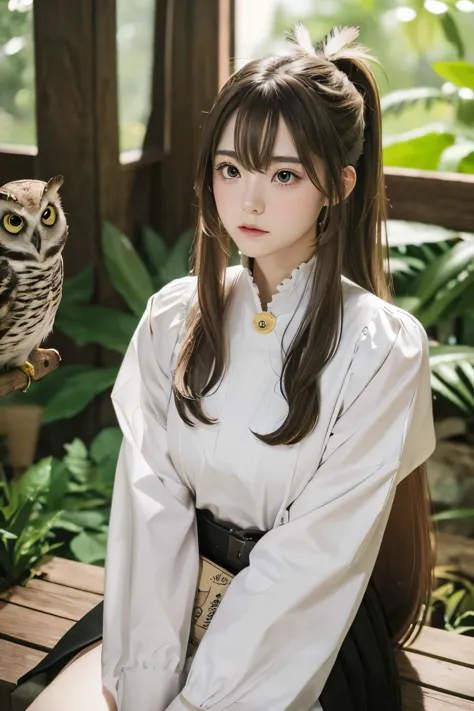 nanashi mumei, owl girl, beautiful girl, age 20, brown ponytail long hair, high nose, sharp eyes, a noble and inviolable charact...