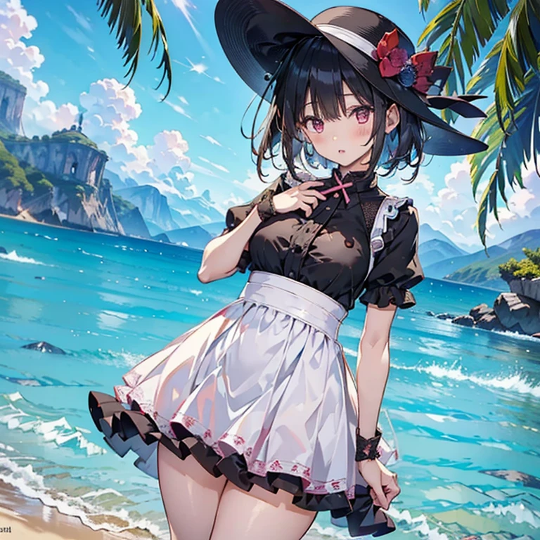 1girl,:o,black_dress,bob_cut,brown_hair,commentary_request,cowboy_shot,dress,hat,highres,looking_at_viewer,osanai_yuki,parted_lips,pink_eyes,puffy_short_sleeves,puffy_sleeves,short_hair,short_sleeves,shoushimin_series,simple_background,solo,teiku_(tokagezaurusu),twitter_username,white_background,white_hat, best quality, masterpiece, nai3