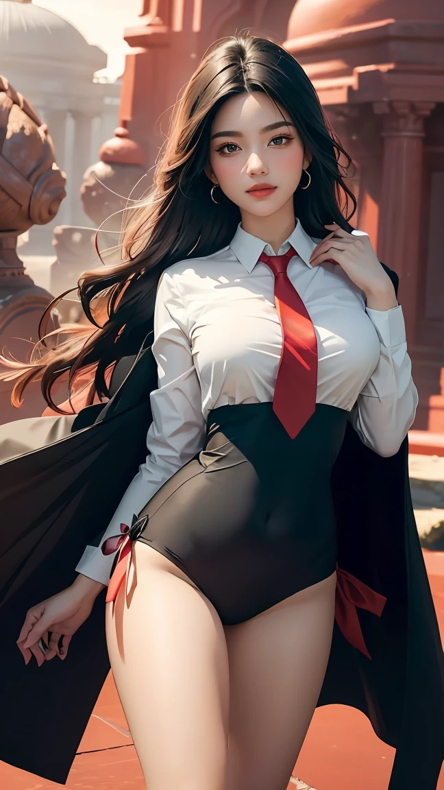 ((Masterpiece, best quality, very detailed), Volumetric light, surrounding occlusion, Rich and colorful, glow), 1 woman, , young girl, (Smooth black), long hair, radius, sacred, goddess, CEO Luke, (black suit, White shirt and red tie:1.3), long black coat, ((a green wind orb on hand)), outdoor, sunset, sky, cloud, (Fantasy Theme:1.2), (full body:0.8)