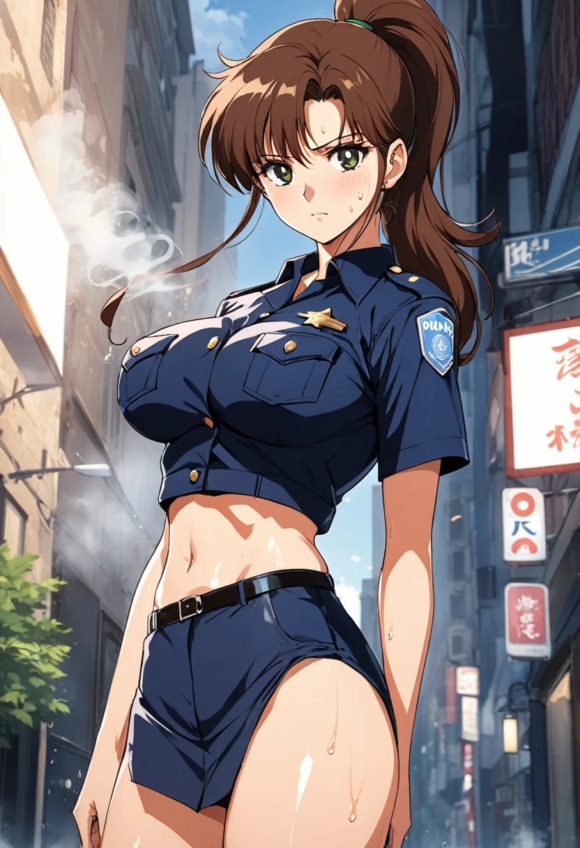 masterpiece, Highest quality, High resolution, (Makoto Kino),1990s \(style\),height: 175cm, Brown long hair,ponytail、 Sexy long legs, police uniform, In town,(E-cup beautiful breasts)、Sweating all over the body、vapor、Muscular、Sweaty、Configuration from the front、Serious expression、look up,Semen splattered on face、Anime-style painting style,Composition focused on the upper body