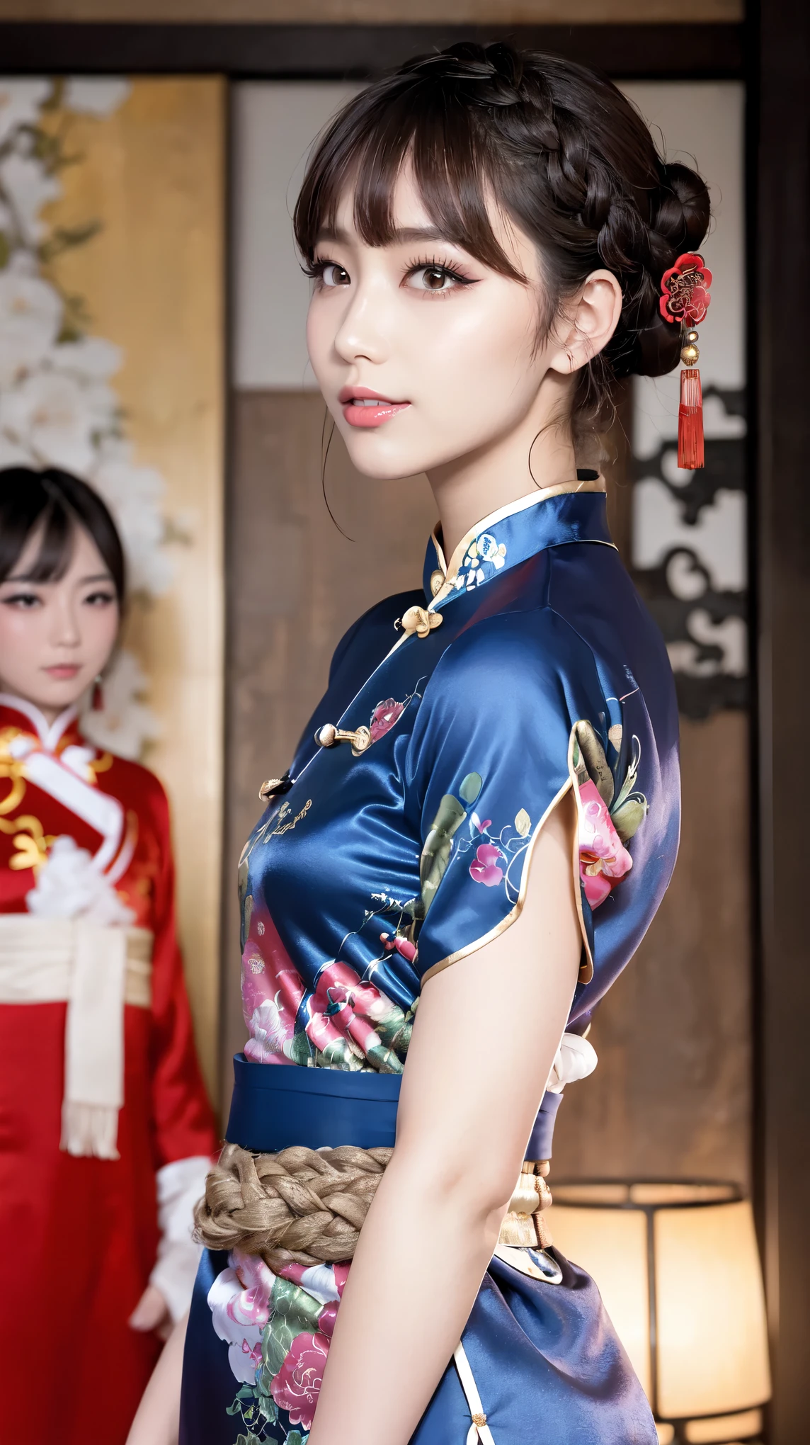 Realistic, masterpiece, Highest quality, Highest Resolution, Anatomically correct, Accurate Anatomy, 7 heads, Height: 165cm, One Japanese woman, profile, Staring at the audience, Smiling with an open mouth, Staring at the audience, Fine and beautiful eyes, Sparkling eyes, Thin eyebrows, Gives lashes a delicate finish, False eyelashes, (Chinese traditional makeup:1.2), (Dumpling＋Braided hair, Blunt bangs, Brown Hair:1.2), Detailed face, Sharp Eyes, (Traditional Chinese Dress, Clothes that fit snugly to the body, Random Color:1.3), Upper body photo, Background like ink painting