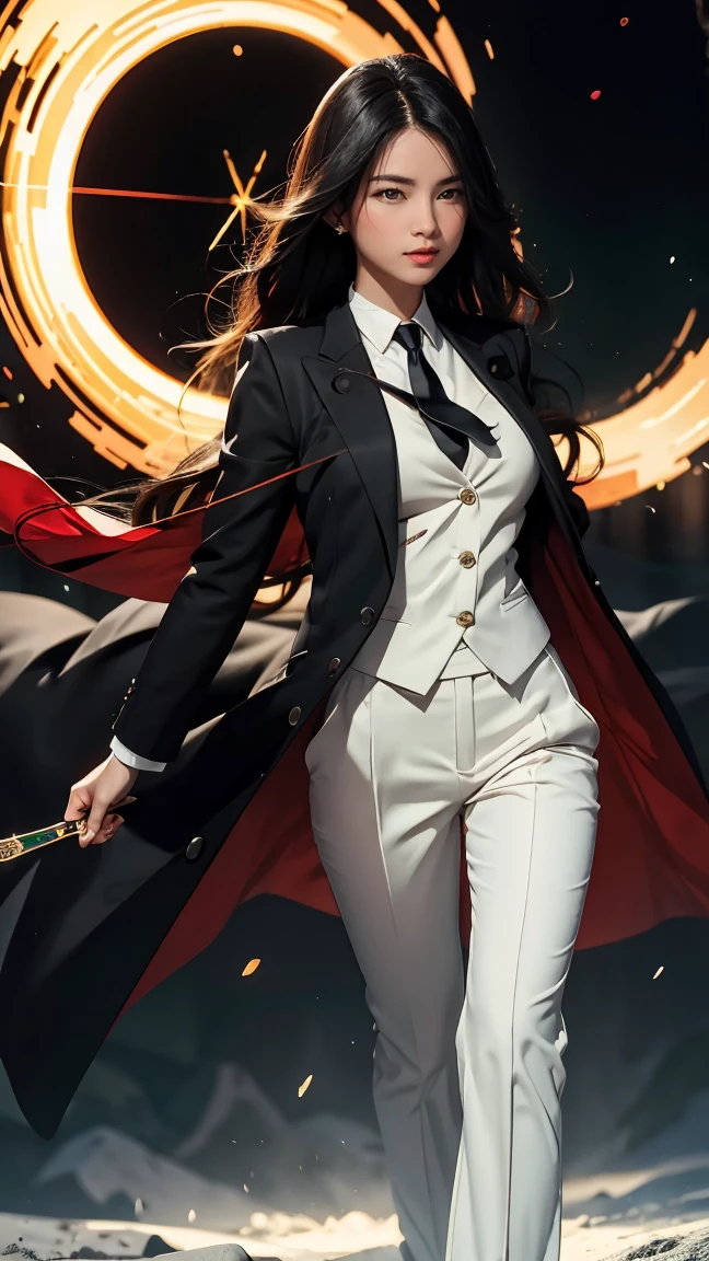 ((Masterpiece, best quality, very detailed), Volumetric light, surrounding occlusion, Rich and colorful, glow), 1 woman, , young girl, (Smooth black), long hair, radius, sacred, goddess, CEO Luke, (black suit, White shirt and red tie:1.3), long black coat, ((a green wind orb on hand)), outdoor, sunset, sky, cloud, (Fantasy Theme:1.2), (full body:0.8)