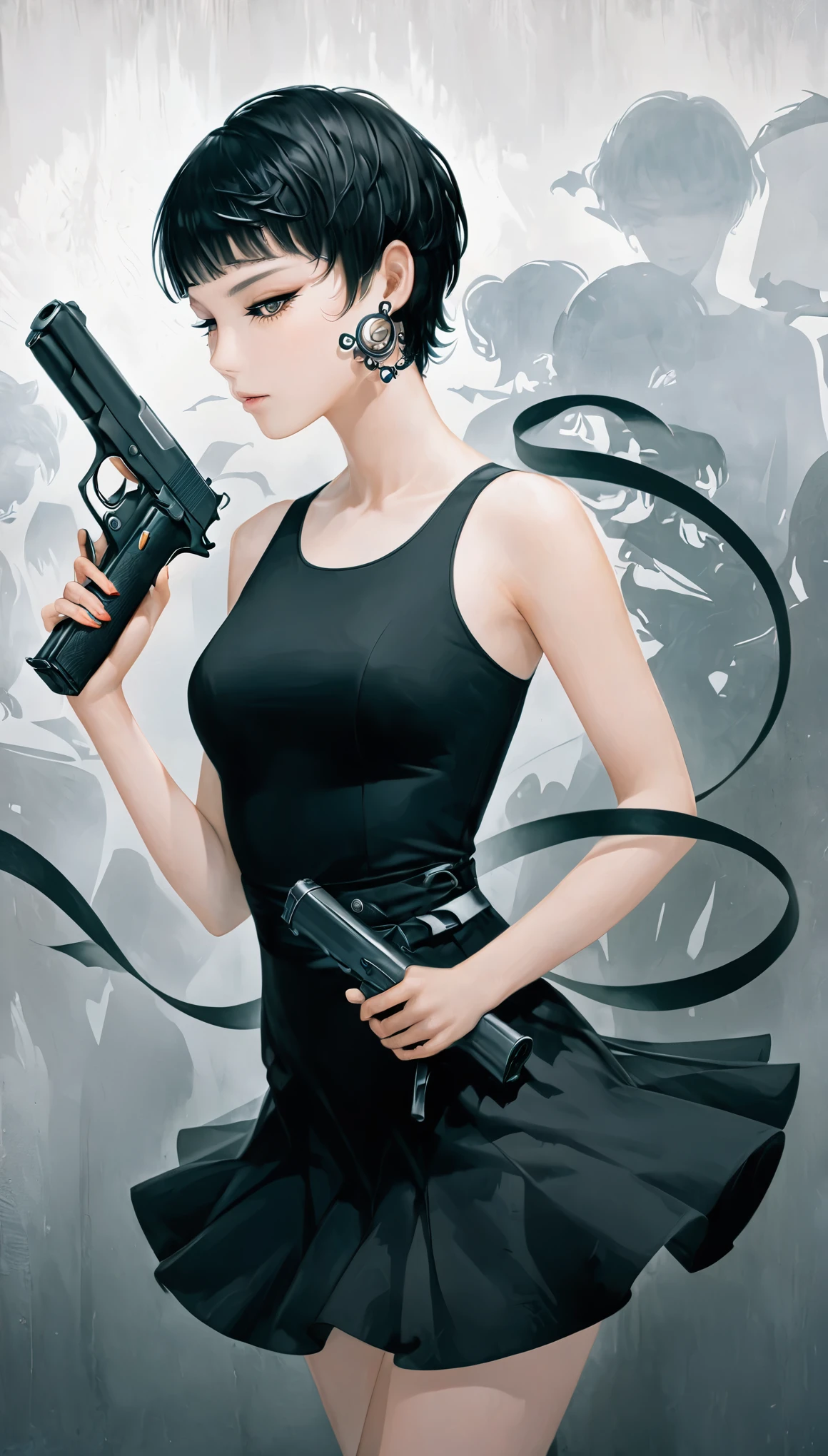 acrylic paintings, high and fine artwork, cool beauty assassin, curly short pixie cut, slender, wearing black tank top style knit dress, holding a pistol, shadows, contrast, conceptual installation art, ultra detailed, absolutely resolution, best quality, 2.5D, delicate and dynamic effects, foggy filter effects, artistic, hyper, graphic CG digital art