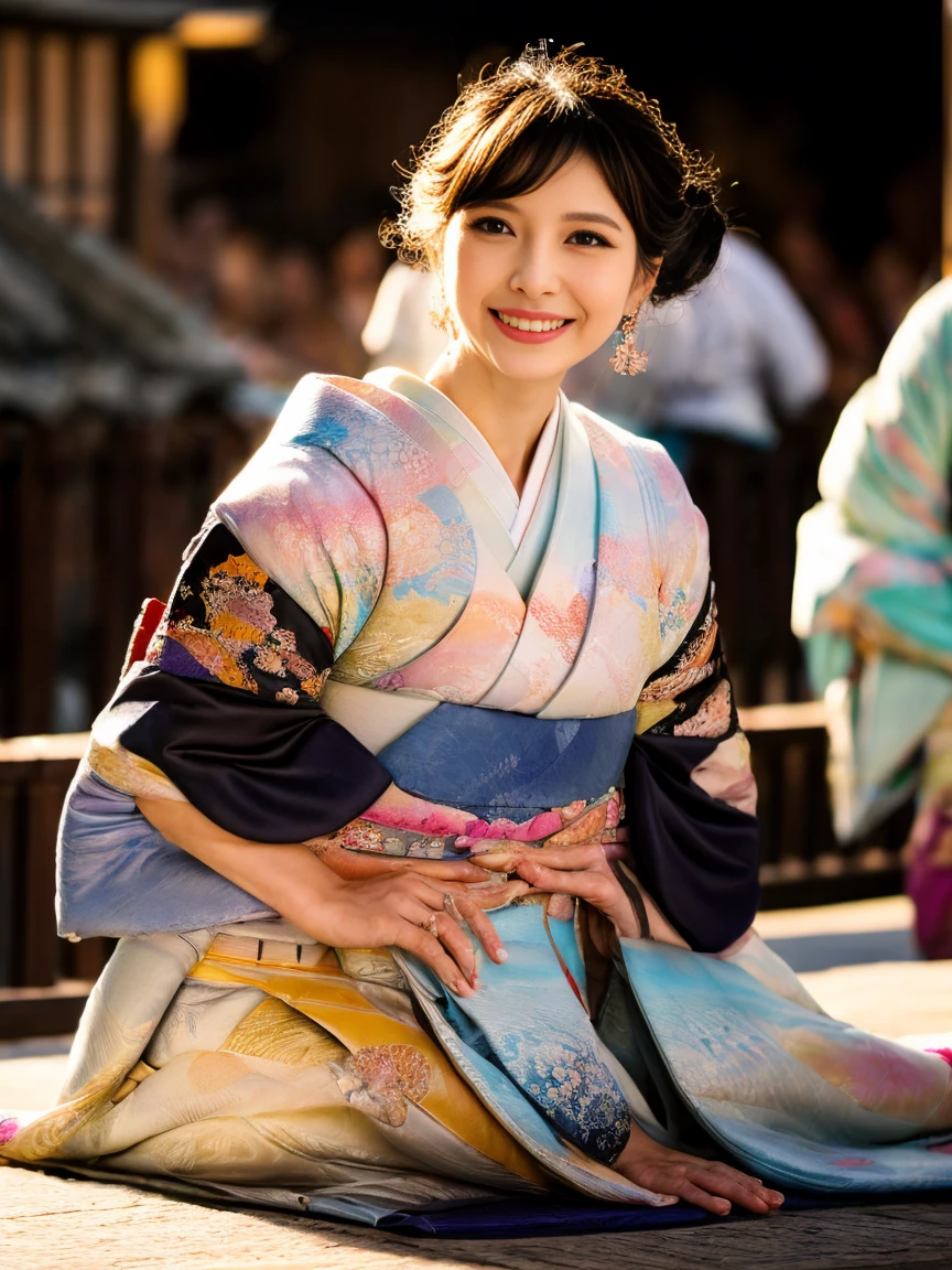 (8k, masterpiece, Highest quality), Very detailed, Exquisite and exquisite face, Beautiful Hair, On all fours,Professional Lighting, Realistic, Perfect body, super high quality、Ultra-high realistic image quality、Japanese、(丈花柄kimono:1.6), Tight waist, (blonde:1.3), (Blurred Background), (Grin), (Gal-style dark shadow eyeliner:1.4), (Long False Eyelashes:1.2)、(Gal-style makeup:1.2), Gal-style earrings, Gal style bracelet, (Thigh lift:1.3)、(Sexy pose:1.3), M Cup, Colossal breasts that are about to spill out, Sexy Body, Black Hair, landlady, 40 year old mature woman, Big breast swelling, Slack, M Cupの胸, Browsing Caution, whole body, hostel, kimono, SFW