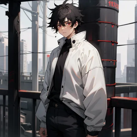 1male , red eyes , sad expression , black hair , messy hair , black jeans, modern city background , jujutsu tech , tired eyes , ...