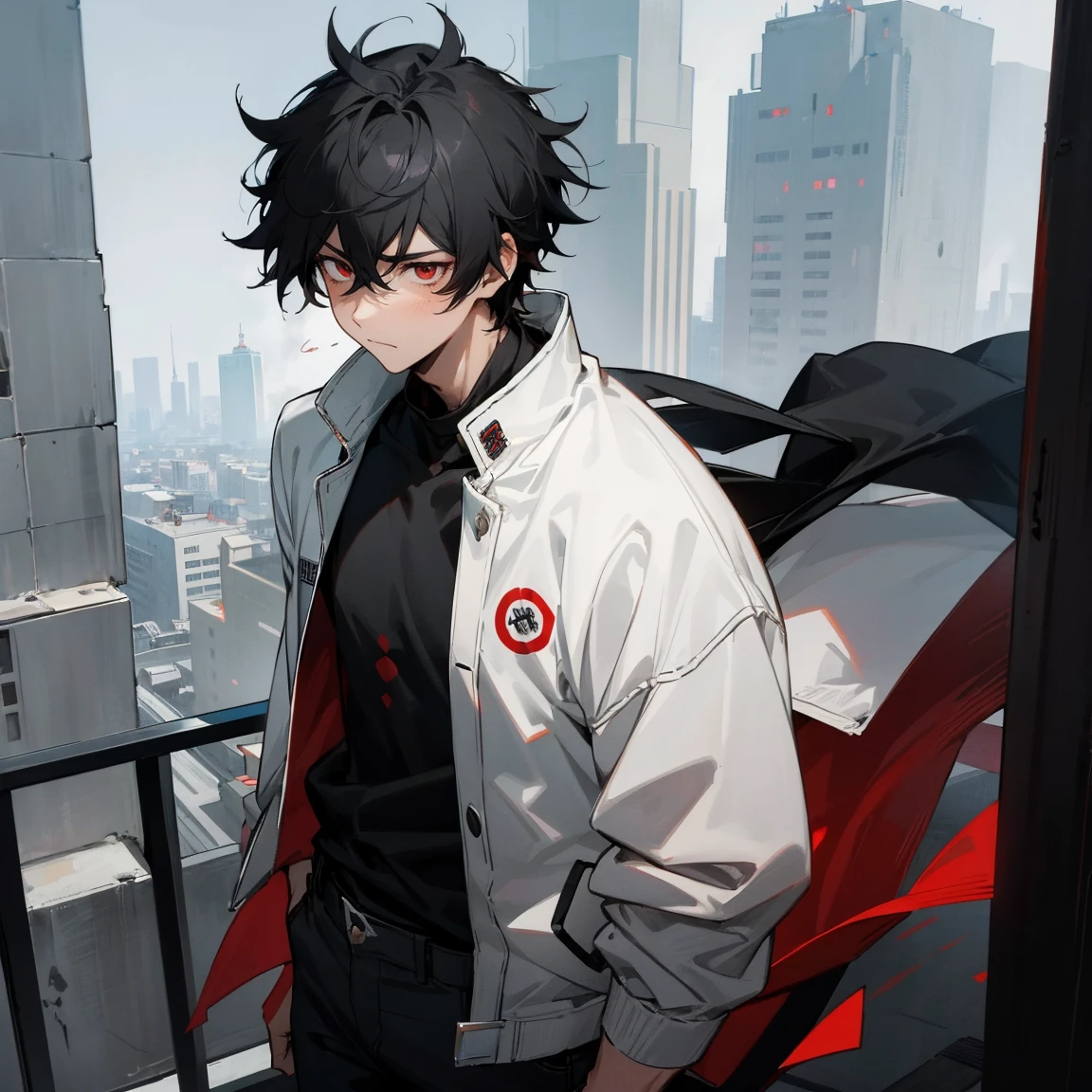 1male , Red Eyes , Sad Expression , Black Hair , Messy Hair , Black Jeans, Modern City Background , Jujutsu Tech , Tired Eyes , Standing On Building, Adult Male, White Jacket, Black Shirt