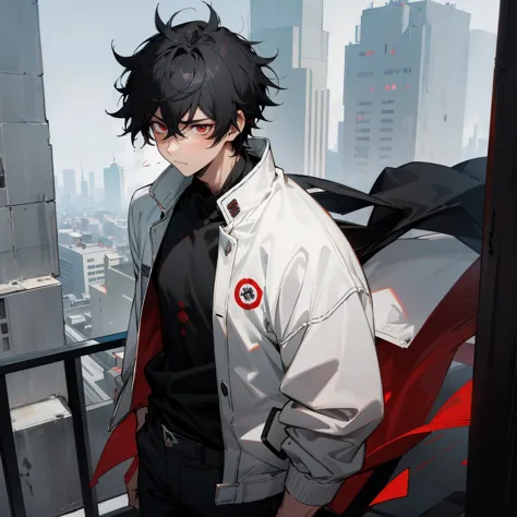 1male , red eyes , sad expression , black hair , messy hair , black jeans, modern city background , jujutsu tech , tired eyes , ...