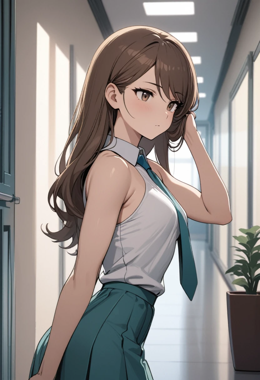 (masterpiece, best quality), 1girl, stoic, looking to the side, tucking strand of hair behind one ear, beautiful face, brown eyes, brown hair, swept bangs, very long brown hair, sleeveless halter neck white collared shirt, teal necktie, teal skirt, small breasts, toned arms, hallway, teal lockers, potted plants,