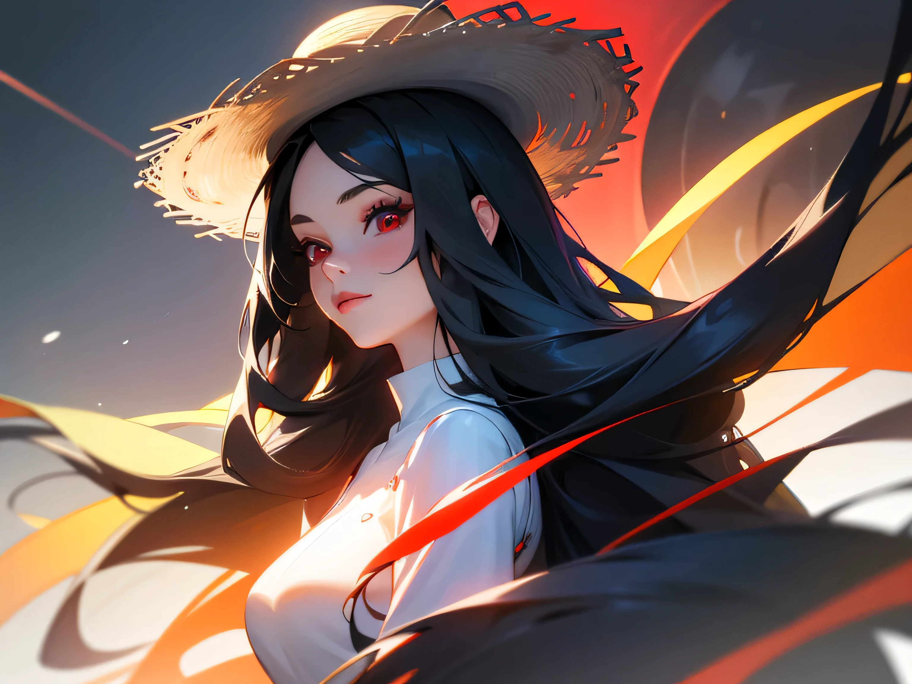 Teenage pretty Girl with Long Curly black Hair, red Eyes, Light Makeup – Wearing cute straw hat – Soft Lens, Photorealistic Portrait Futuristic Female Android with Long black Hair and red Eyes – Wearing a lined black dress – Hyper-Realistic 4k Digital Art volumetic lighting
