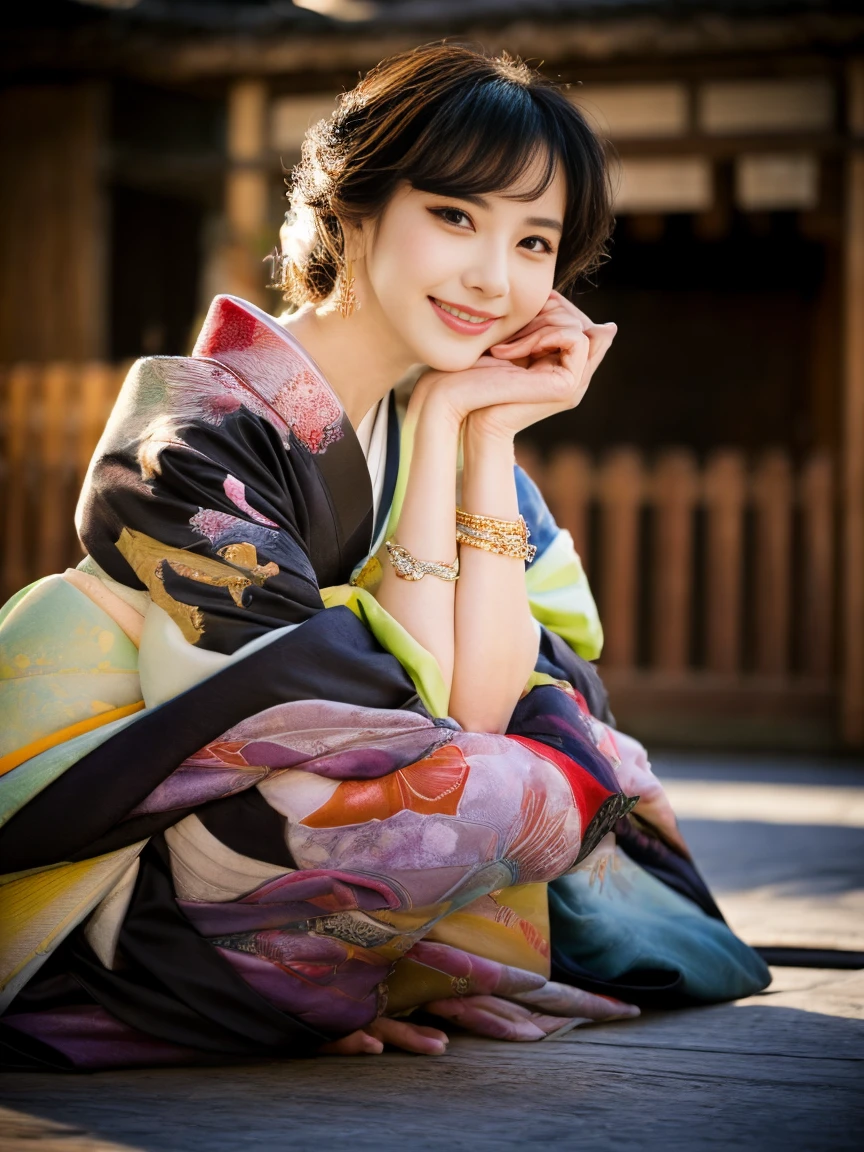 (8k, masterpiece, Highest quality), Very detailed, Exquisite and exquisite face, Beautiful Hair, On all fours,Professional Lighting, Realistic, Perfect body, super high quality、Ultra-high realistic image quality、Japanese、(着崩した丈花柄kimono:1.6), Tight waist, (blonde:1.3), (Blurred Background), (Grin), (Gal-style dark shadow eyeliner:1.4), (Long False Eyelashes:1.2)、(Gal-style makeup:1.2), Gal-style earrings, Gal style bracelet, (Thigh lift:1.3)、(Sexy pose:1.3), M Cup, Colossal breasts that are about to spill out, Sexy Body, Black Hair, landlady, 30 year old mature woman, Big breast swelling, Slack, M Cupの胸, Browsing Caution, whole body, hostel, kimono, SFW