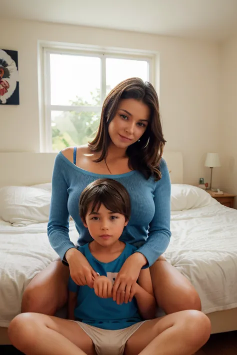 young boy sitting on his mother's lap in a cozy bedrooms, blue appropriate underwear clothes. mommy and son, 1boy, thick thighs, just give me jackpots please, special, ohh a lap sitter which is a young boy on the female's lap, the young boy directly sitting on her lap, thats the young boy's mom