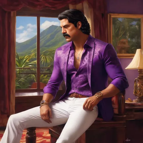 (obra maestra, mejor calidad:1.2), 1 chico, thenahualli, serious, dangerous man, elegant, elegante, (((purple shirt, suit pants,...