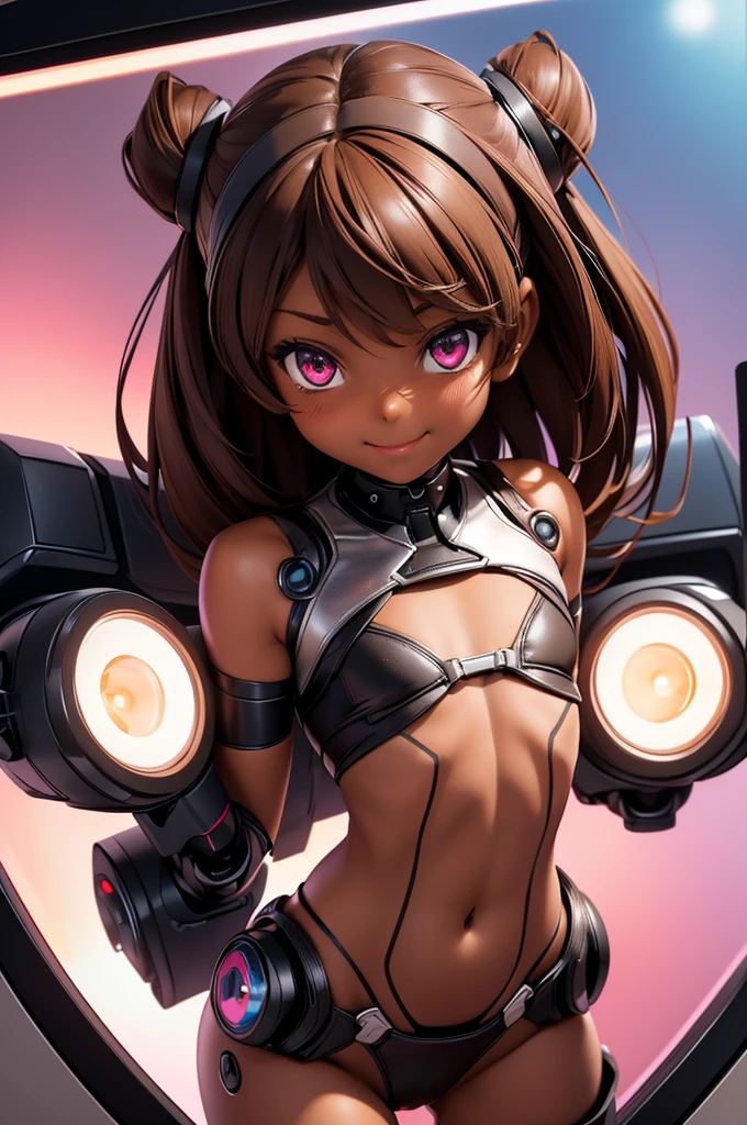 (masterpiece) (high Res), (robot), (Perfect face), (perfect anatomy) Television Head, girl() in super tight clothes, (bikini), pink glowing eyes, (flat chest:1.6), short, (((Brown skin))), black high heels, smiling, (TV Head), (tv girl), (Television Head), ((((solo)))), ((((alone)))), walking in a city