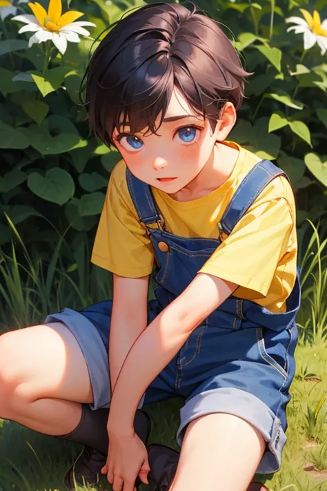 1boy, young little british boy in overalls with shorts and a yellow shirt underneath, sitting on knee, glowing blue eyes, outdoo...