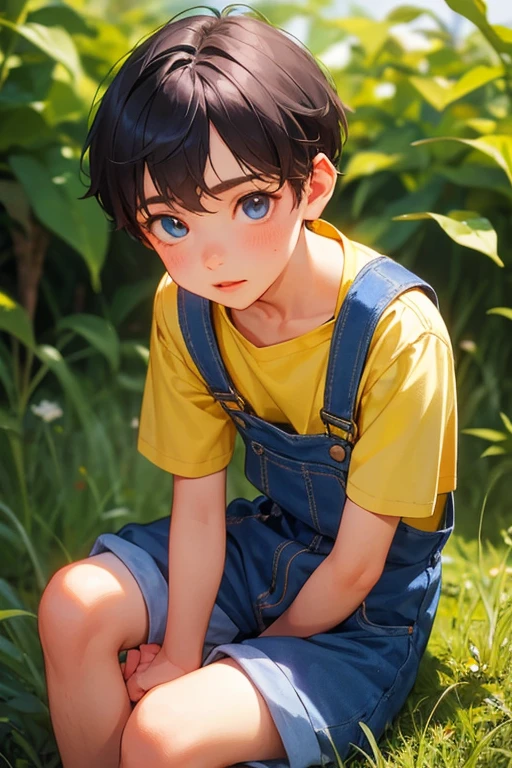 1boy, young little british boy in overalls with shorts and a yellow shirt underneath, sitting on knee, glowing blue eyes, outdoor, close-up