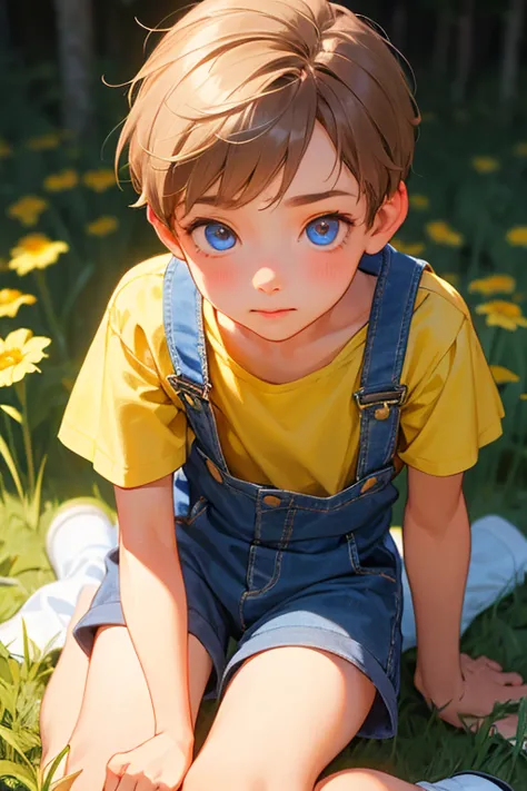 1boy, young little british boy in overalls with shorts and a yellow shirt underneath, sitting on knee, glowing blue eyes, outdoo...