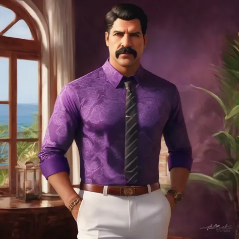 (obra maestra, mejor calidad:1.2), 1 chico, thenahualli, serious, dangerous man, elegant, elegante, (((purple shirt, suit pants,...